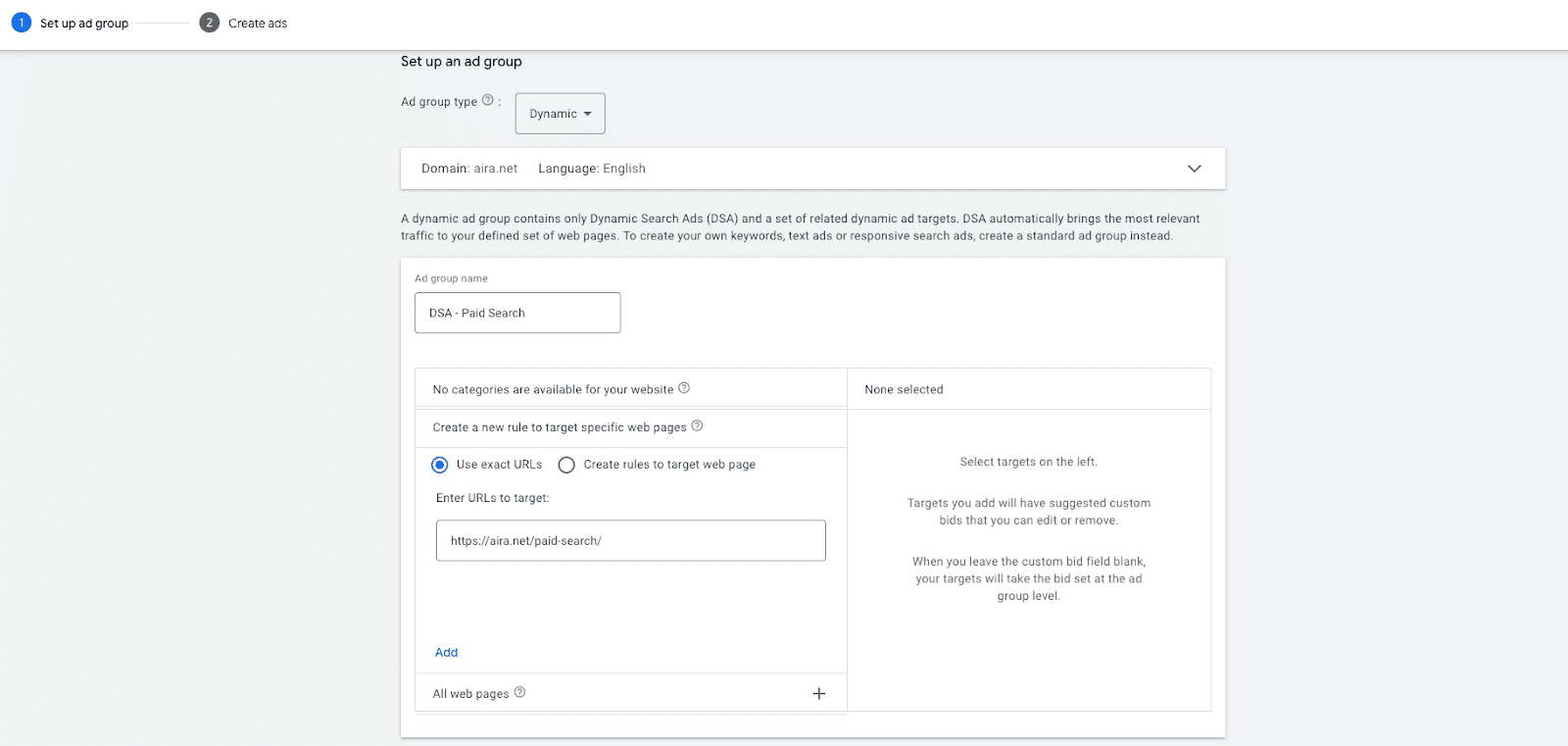 Google Ads interface showing the dynamic ad targets selection screen