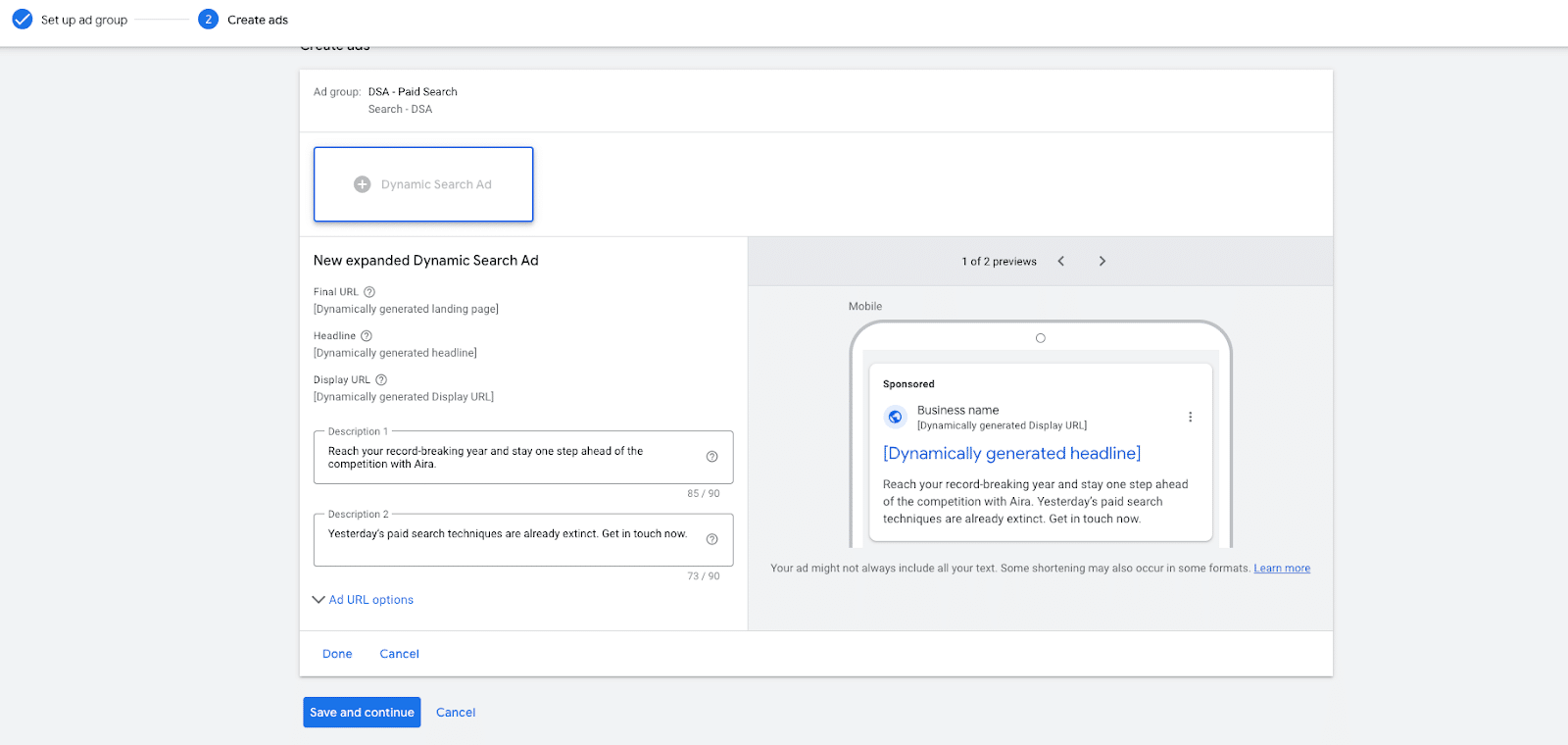 Google Ads interface showing the description field for a Dynamic Search Ad