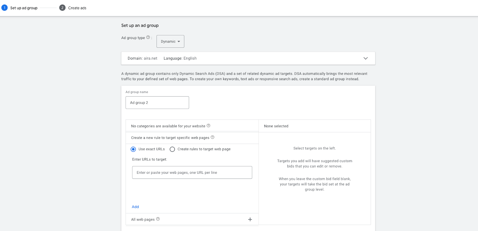 Google Ads interface showing the option to select Dynamic as the ad group type