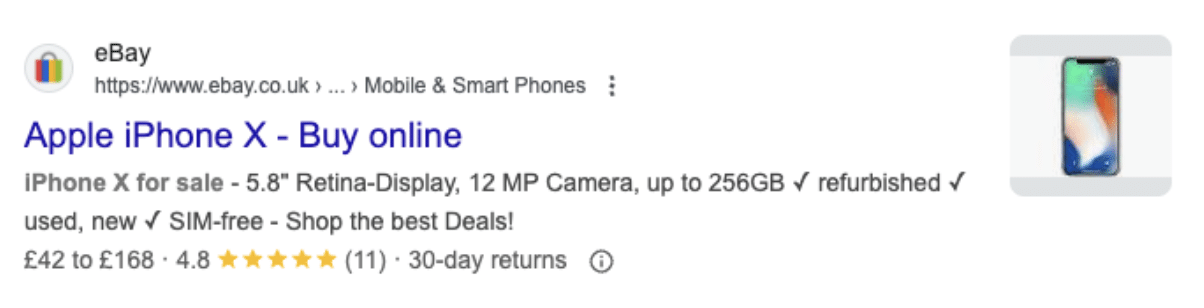 Image of an eBay search result for an Apple iPhone X.