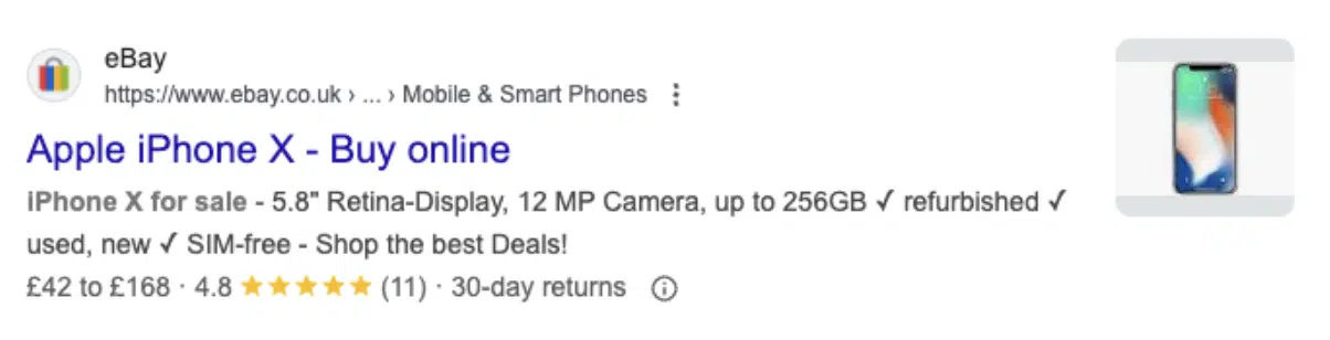Image of an eBay search result for an Apple iPhone X.