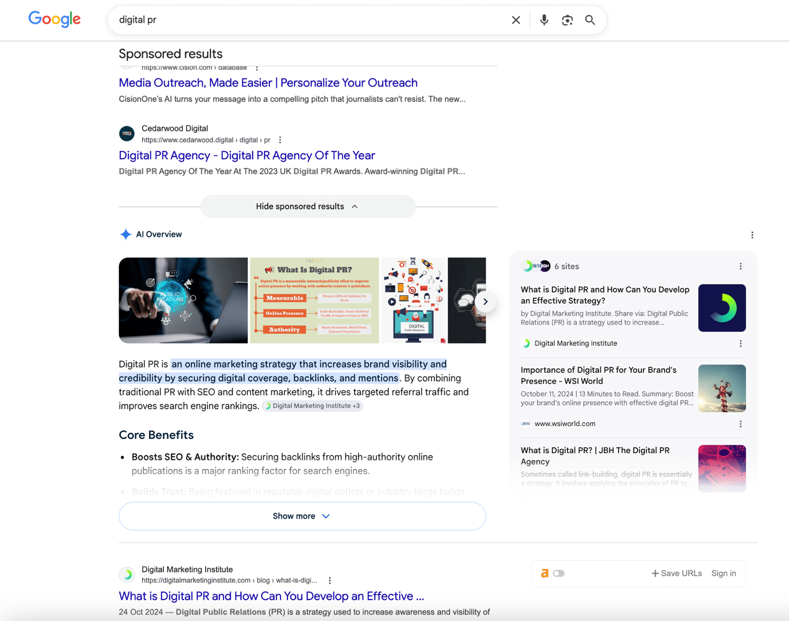 A Google search for 'digital pr' - sponsored results and a full AI Overview push the first organic result below the fold